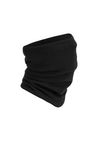 Black, stretchy neck gaiter made from a smooth fabric. Features a seamless design with a soft texture and tapered edges for comfort.