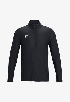 Black zip-up jacket made of smooth, stretchy material. Features a high collar and long sleeves with thumb holes. Under Armour logo in white.