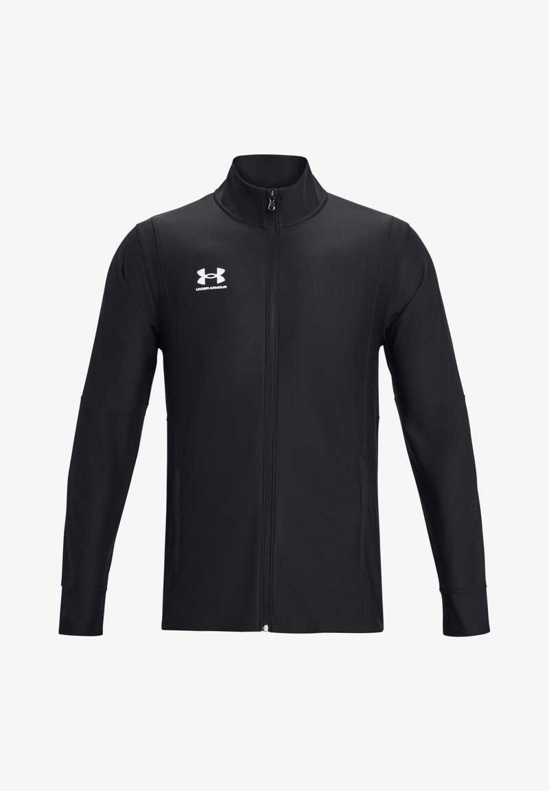 Black zip-up jacket made of smooth, stretchy material. Features a high collar and long sleeves with thumb holes. Under Armour logo in white.
