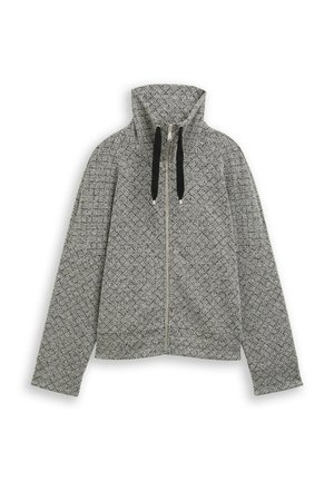 Gray textured zip-up jacket with high funnel neck and black drawstrings, long sleeves, displayed on white background.