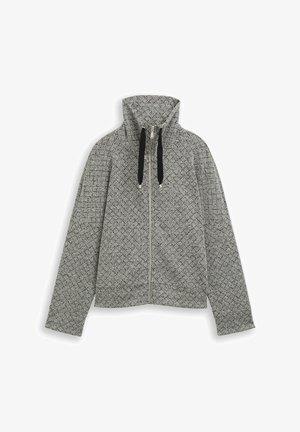 Gray textured zip-up jacket with high funnel neck and black drawstrings, long sleeves, displayed on white background.