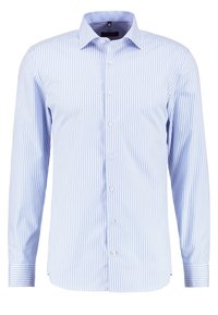 Heren overhemd met lange mouwen, knoopsluiting en verticaal gestreept design in lichtblauw en wit, klassieke kraag en knoopmanchetten.