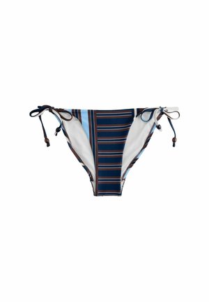 Dół bikini w paski w kolorze granatowym, brązowym i jasnoniebieskim z wiązaniami po bokach i koralikami na białym tle.