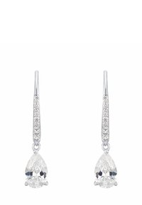 Silverhängande örhängen med en päronformad klar ädelsten som hänger, och en rad små klara ädelstenar på den övre delen av krokarna.