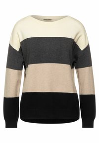 Långärmad stickad tröja med breda horisontella ränder i krämfärg, mörkgrå, beige och svart, med rund halsringning.