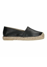 Zwarte leren espadrille met een olijfgroene voering, ronde neus en gevlochten jute zool. Het ontwerp heeft een minimalistische instapstijl.