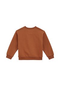 Felpa marrone, materiale in cotone, collo tondo, polsini e orlo a costine, colore uniforme, senza motivi o accessori visibili, vista posteriore mostrata.