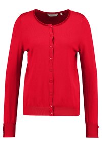 Röd stickad cardigan med långa ärmar, rund halsringning och knäppning framtill. Har ribbade ärmslut med dekorativa knappar.