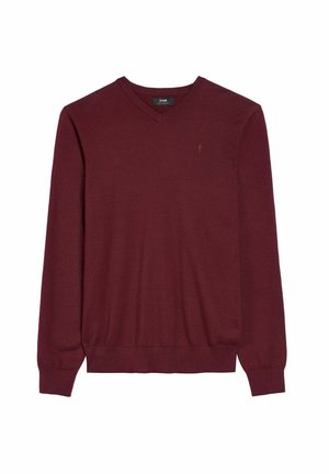 Burgundowy sweter w serek wykonany z miękkiej dzianiny. Posiada długie rękawy i ściągacze, a na piersi znajduje się małe logo.