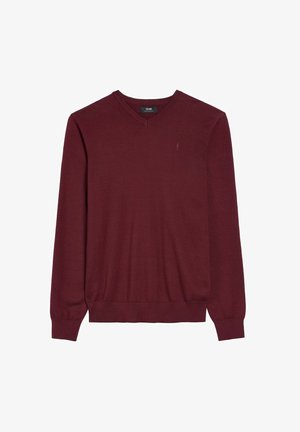 Burgundowy sweter w serek wykonany z miękkiej dzianiny. Posiada długie rękawy i ściągacze, a na piersi znajduje się małe logo.