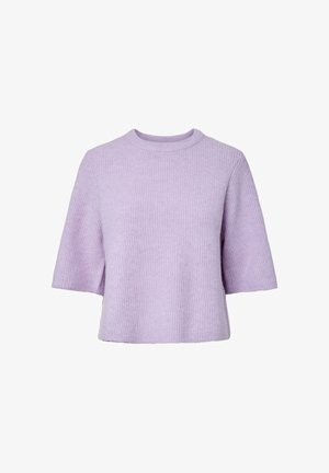 Lilac krāsas īss piedurkņu trikotāžas džemperis ar rievotu tekstūru un apaļu kakla izgriezumu, attēlots uz balta fona.