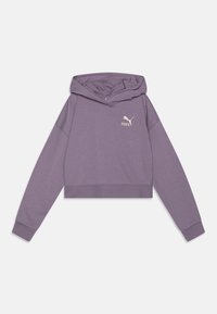 Lühikese lõikega kapuutsiga pusa heledast lilla kangast. Ees on väike beez Puma logo ning varrukate ja äärte ääred on soonelised.