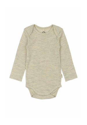 Długi rękaw bodysuit dla niemowląt w jasnym beżu, z teksturowanym prążkowanym wzorem, z zatrzaskami na dole i okrągłym dekoltem.