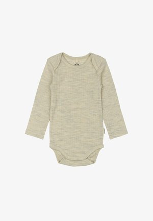 Langärmliger Baby-Body in hellbeige mit strukturiertem Rippenmuster, Druckknöpfen am Boden und Rundhalsausschnitt.