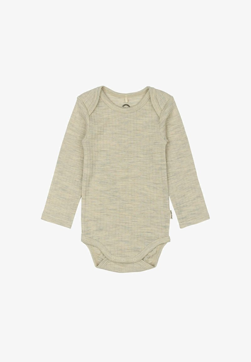 Bodysuit à manches longues pour bébé en beige clair, présentant un motif en relief texturé, des boutons-pression au bas et un col rond.