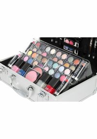 Cosmetic case with silver metallic finish, containing various lipsticks, nail polishes, eyeshadows, and blush; labeled ZMILE Cosmetics.