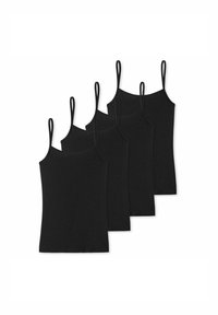 Black cotton camisoles with thin straps, featuring a smooth texture and a simple design. Set of four identical items.