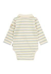 Langärmliger Baby-Body in Creme mit blauen und gelben horizontalen Streifen, mit einem Kragen und einer kleinen Tierstickerei am Ärmel.
