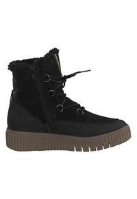Stivale in suede nero per l'inverno con suola spessa brown a righe, zip laterale, lacci frontali e colletto foderato in fleece per il calore.