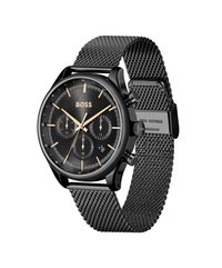 Reloj de acero inoxidable negro con correa de malla, que presenta una esfera negra, acentos dorados y tres subesferas. Pantalla de fecha en la posición de las 6 en punto.