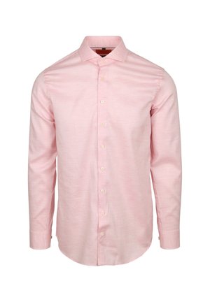 Lichtroze langetermijnshirt van geweven stof, met een knoopsluiting aan de voorkant, een klassieke kraag en knoopmanchetten. Soepele textuur, geen patronen.