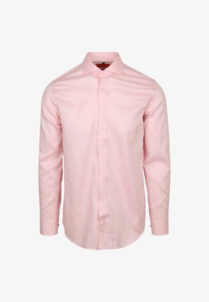 Lichtroze langetermijnshirt van geweven stof, met een knoopsluiting aan de voorkant, een klassieke kraag en knoopmanchetten. Soepele textuur, geen patronen.