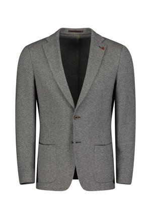 Grau melierter Blazer mit zwei Knöpfen, Reverskragen und aufgesetzten Taschen. Verfügt über ein dezentes Fischgrätmuster und ein rotes Akzentdetail.