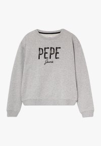 Jasnoszara bluza z długim rękawem, z prążkowanymi mankietami i do�łem, z napisem "PEPE Jeans" w czarnych cekinach z przodu.