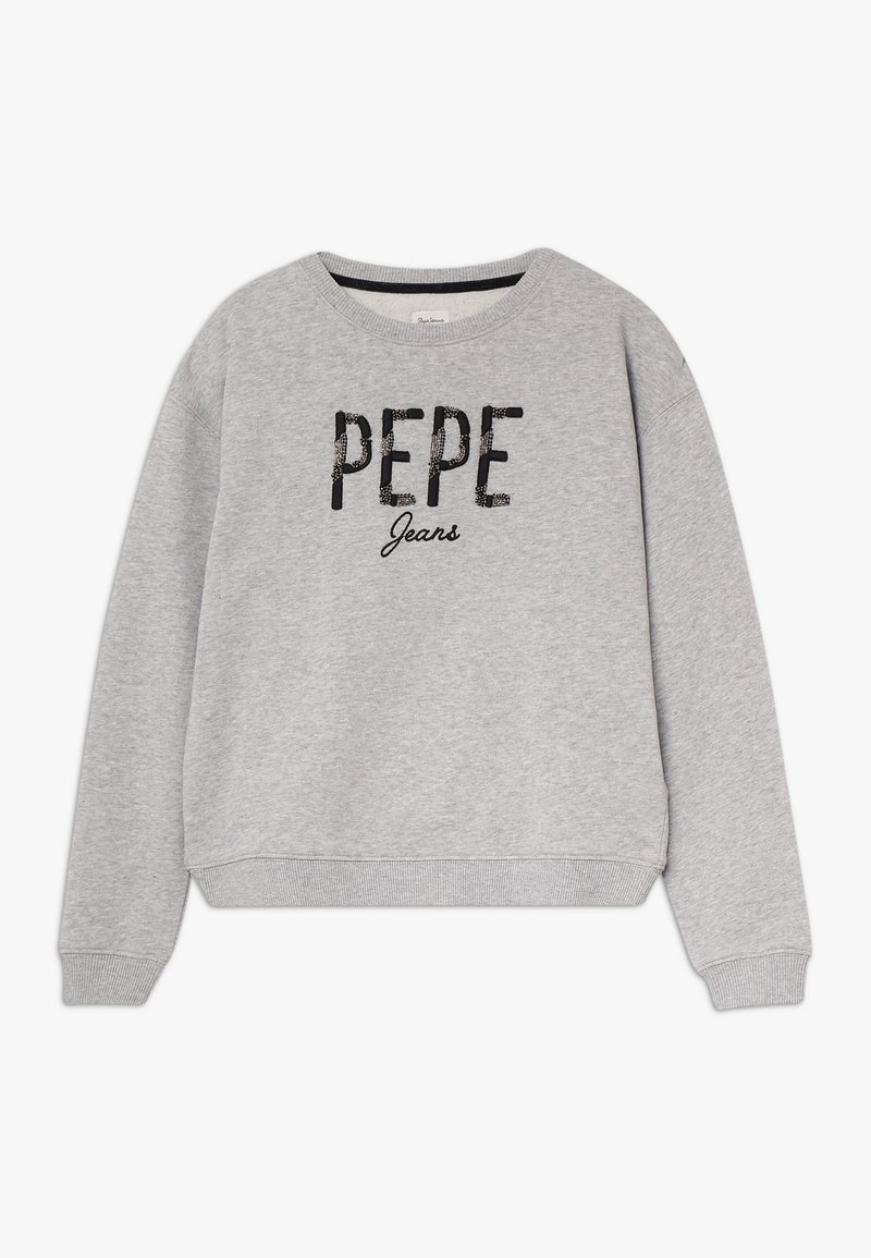Jasnoszara bluza z długim rękawem, z prążkowanymi mankietami i dołem, z napisem "PEPE Jeans" w czarnych cekinach z przodu.