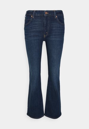 Ciemnoniebieskie jeansy z denimu z lekkim rozszerzeniem nogawek, z przodem zapinanym na guzik i suwak oraz stylem z pięcioma kieszeniami.