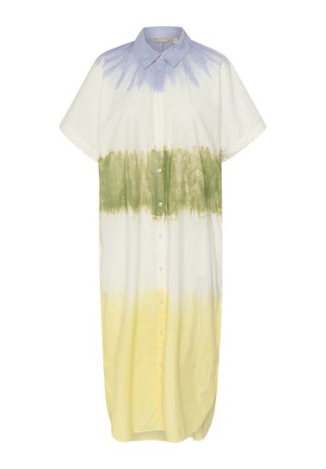 Vestido de mangas cortas con botones, que presenta un cuello azul y un patrón de tie-dye en degradado de tonos blancos, verdes y amarillos, hecho de una tela ligera.