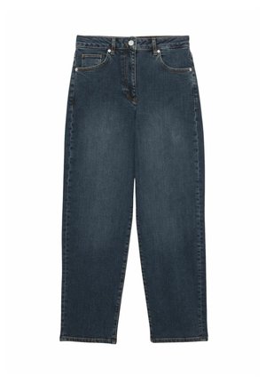 Tamsiai mėlynos spalvos džinsai iš džinso audinio, tiesia kojų linija, su sagomis ir užtrauktuku priekyje, priekinėmis kišenėmis ir minimalistinėmis siūlėmis.