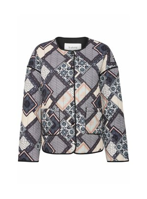 Tikkpatsaga jope, millel on geomeetrilise mustriga lapitöö disain tumesinises, kreemjas ja pastellvärvides; kaasa tuleb kaks lapitaskut.