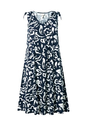 Marineblauwe mouwloze jurk met wit abstract bloemmotief en strikdetails op de schouders, A-lijn pasvorm, V-halsstijl.