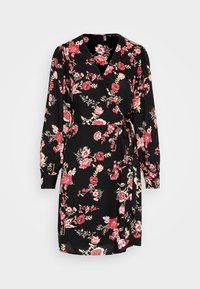 Svart wrap-klänning med långa ärmar och rosa samt röda blommönster, samt ett knytbälte i midjan.