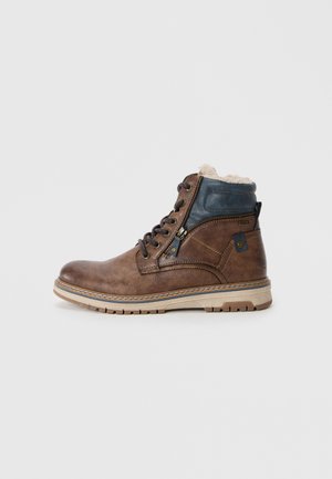 Brown leather ankle boot with a blue textile collar and plush lining, featuring a side zipper, lace-up closure, and textured rubber outsole.