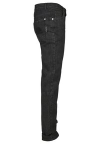 Mustad denim püksid, millel on sirge sääre disain, viis taskut ja diskreetne õmblusdetail. Kangas on sile ja tugev.