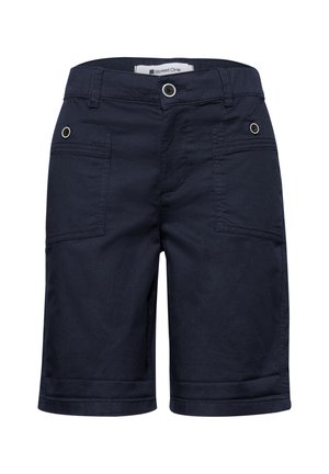 Laivastonsiniset polvipituiset shortsit, joissa edessä nappi ja vetoketju, kaksi etutaskua läppäkannella ja napeilla, vyölenkit sekä taitetut reunat.