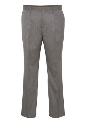 Pantaloni grigi a righe con frontale plissettato, realizzati in tessuto leggero, dotati di tasche oblique tradizionali e taglio dritto.