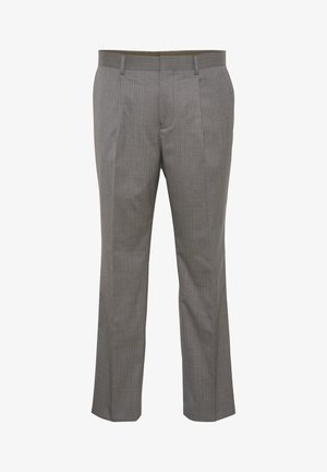 Sive prugaste hlače s nabranim prednjim dijelom, izrađene od lagane tkanine, s klasičnim ukošenim džepovima i ravnim krojem nogavica.