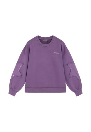 Sudadera morada con cuello redondo, mangas abullonadas, parches en forma de estrella en los codos y pequeño texto decorativo en la parte superior izquierda del pecho.