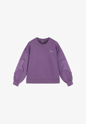 Lilla crewneck sweatshirt med ballonærmer, stjerneformede patches på albuerne og lille dekorativ tekst på øverste venstre bryst.