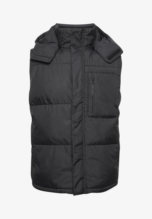 Fekete puffervest, magas gallérral, elöl cipzárral záródik, és cipzáros mellzseb található rajta. Vízzáró anyagból készült, steppelt textúrával.