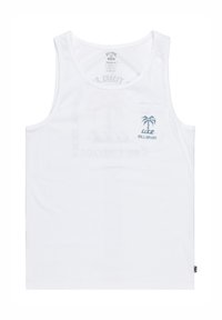 Camiseta sin mangas blanca hecha de una tela suave. Presenta un bolsillo frontal con un logo de palmera azul y un diseño minimalista.