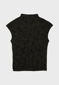 Haut noir sans manches avec un imprimé floral sombre subtil et un col montant, posé à plat sur un fond blanc.