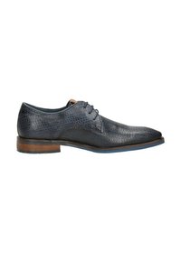 Marineblauwe leren dresschoenen met een gestructureerd oppervlak, ronde neus en een donkere houten hak. Beschikt over contrasterende veters en een slank profiel.