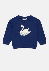 Sweatshirt de manga longa azul marinho com um cisne branco a usar uma coroa dourada, rodeado por flores azuis e amarelas na parte da frente.