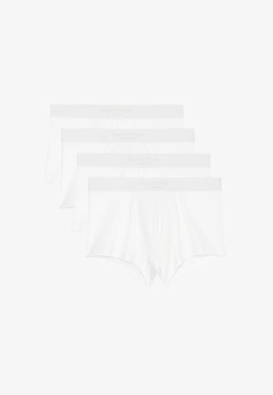 Białe bawełniane bokserki w opakowaniu czterech sztuk. Charakteryzują się miękkim elastycznym paskiem w talii z logo. Gładka tekstura, prosty design, bez wzorów.