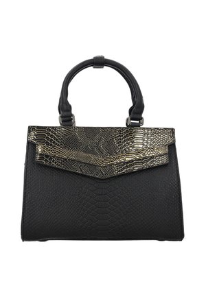 Sac à main noir avec un motif texturé en similicuir effet peau de serpent, doté d'un rabat en similicuir peau de serpent doré et d'une poignée haute arrondie.