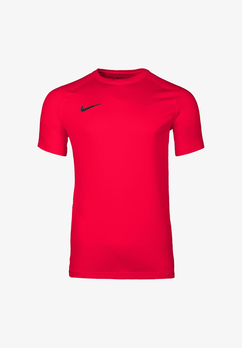 T-shirt de sport rouge vif à manches courtes avec col rond et petit logo Nike swoosh noir sur la poitrine droite.